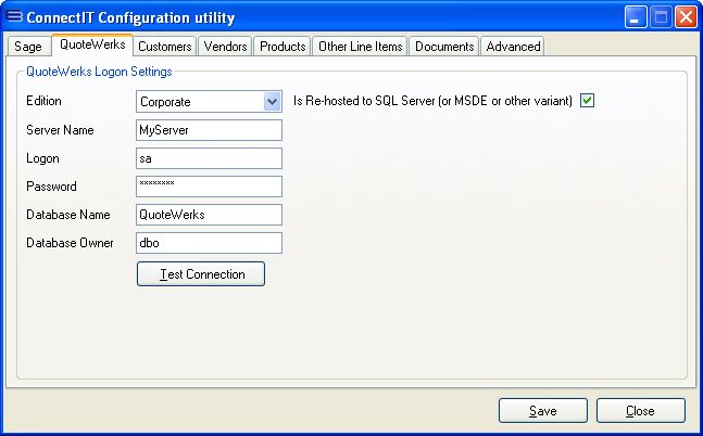 ConnectIT-MAS90 QuoteWerks Connection settings