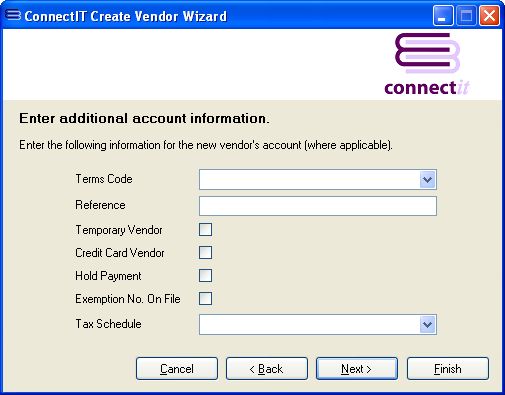 ConnectIT-MAS90 Vendor Wizard Account information