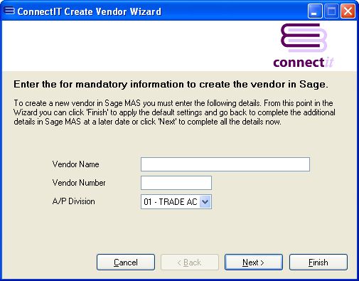 ConnectIT-MAS90 Vendor Wizard Name and Account