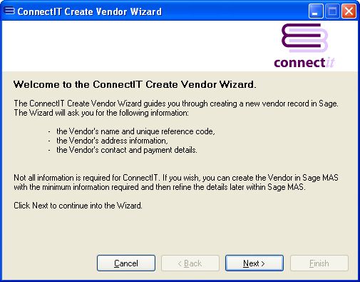 ConnectIT-MAS90 Vendor Wizard Welcome