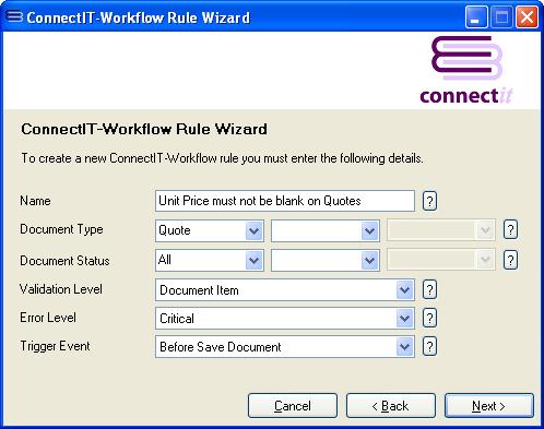 ConnectIT-Workflow Validation Rules Wizard Main Settings screen