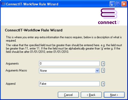 ConnectIT-Workflow Validation Rules Wizard Arguments Information screen