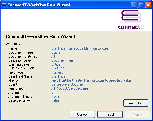 ConnectIT-Workflow Validation Rules Wizard Summary screen